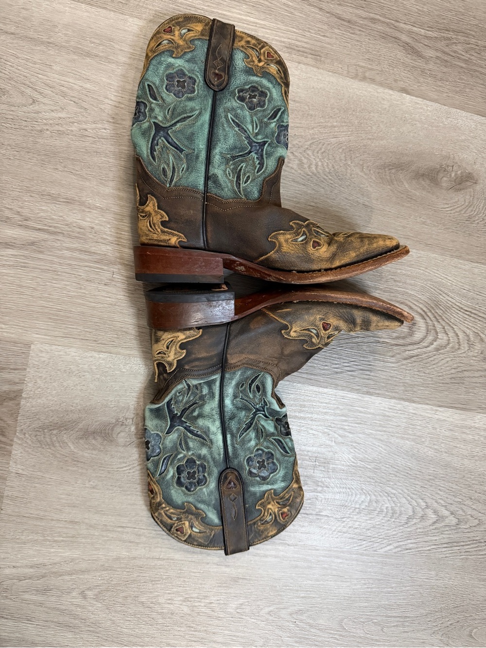 Dan Post Bluebird Brown Leather Ankle Boots with Teal Floral Shaft